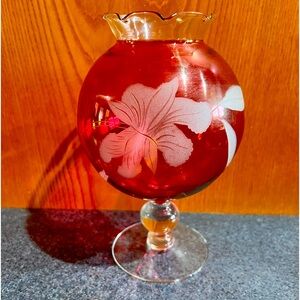 Vintage Etched Cranberry Glass Vase
